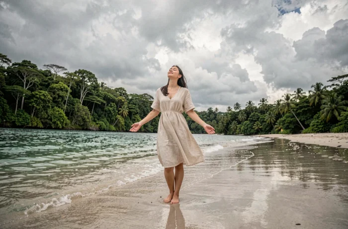 Jeune femme les pieds dans le sable d'une plage tropicale isolée, exprimant la liberté et le désir d'évasion caractéristiques du wanderlust