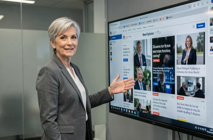 Femme présentant un site d'information et de débats publics sur un écran tactile dans un environnement professionnel moderne