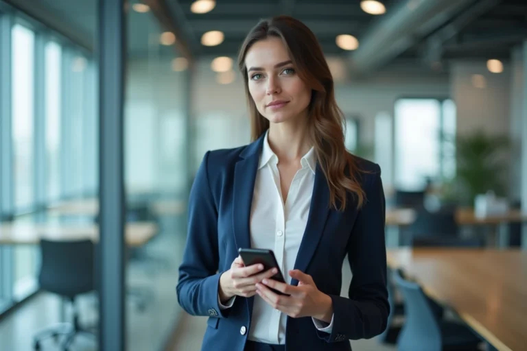 Femme professionnelle utilisant l'application Arkevia sur smartphone pour sécuriser ses documents sensibles au bureau