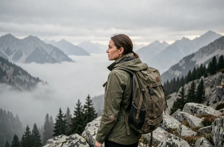 Femme randonneuse contemplant un paysage de montagne brumeux, illustrant le sentiment de wanderlust et l'appel de l'aventure