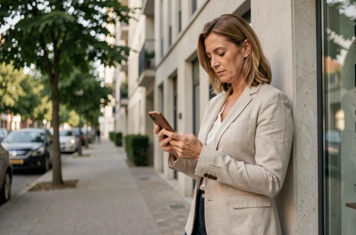Femme consultant une application immobilière sur smartphone devant un immeuble moderne en ville