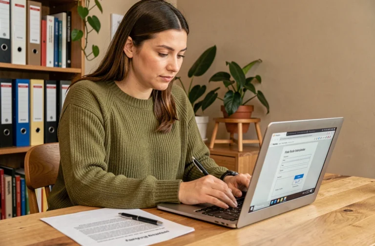 Femme signant une pétition en ligne sur un ordinateur portable dans un bureau à domicile
