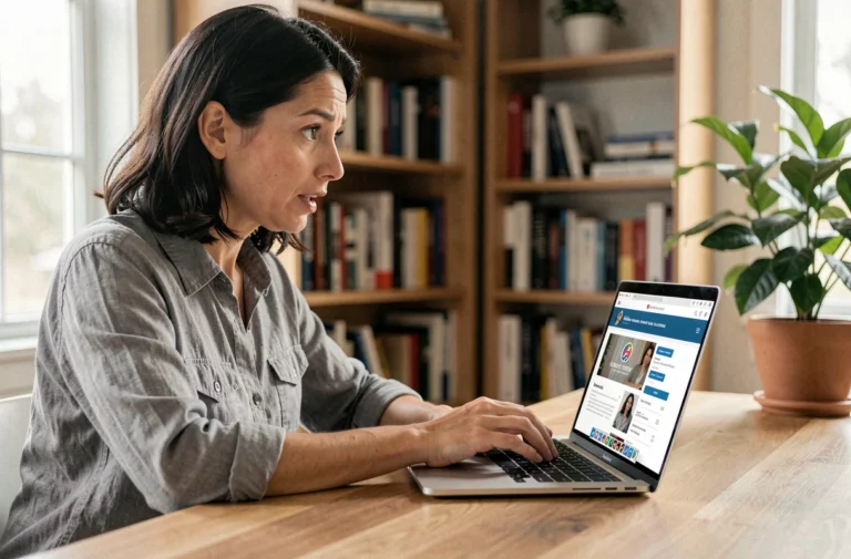 Femme consultant un site de petites annonces rebrандé sur son ordinateur portable dans un bureau à domicile moderne