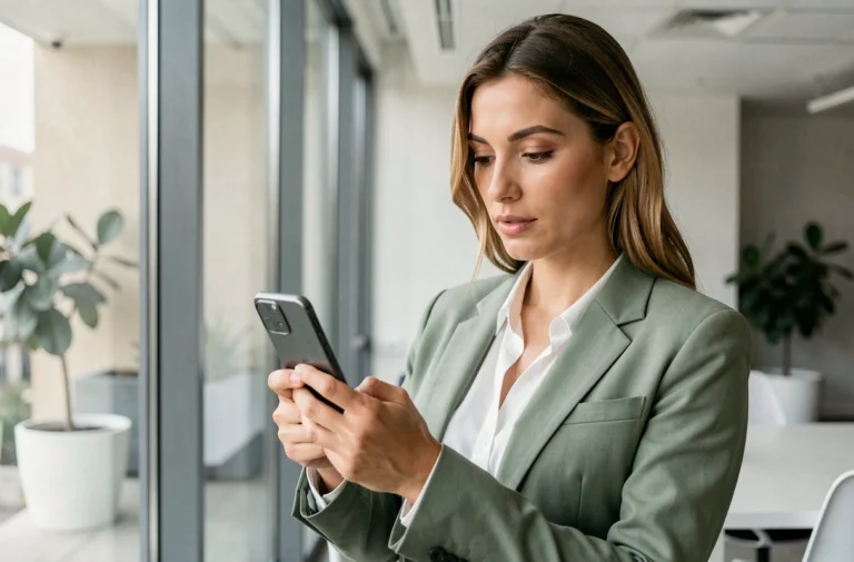 Femme en blazer vert sauge tenant un smartphone moderne dans un bureau contemporain, illustrant les nouvelles tendances mobiles 2024