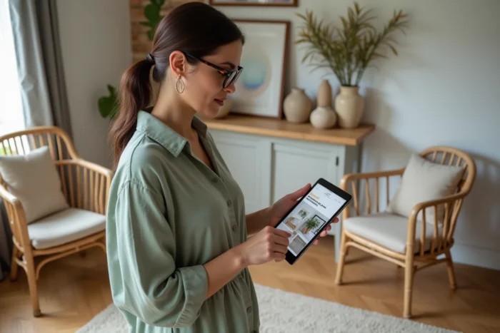 Femme consultant la carte du site d'un blog de décoration intérieure sur une tablette dans un salon élégant
