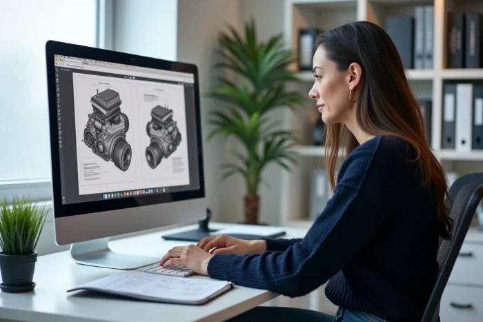 Femme consultant une revue automobile technique en PDF sur son écran d'ordinateur dans un bureau à domicile