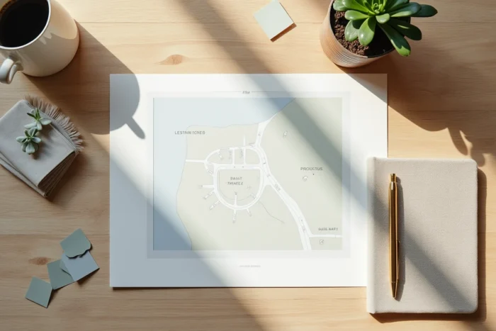 Flatlay d'une carte de site imprimée pour un blog déco avec carnet, mug et échantillons de couleurs sur table en bois
