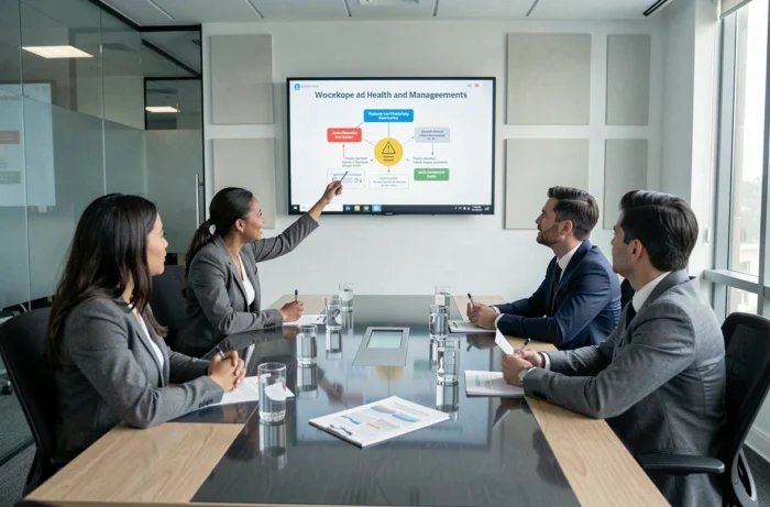 Réunion de formation en entreprise sur la norme OHSAS 18001 avec des professionnels autour d'une table de conférence
