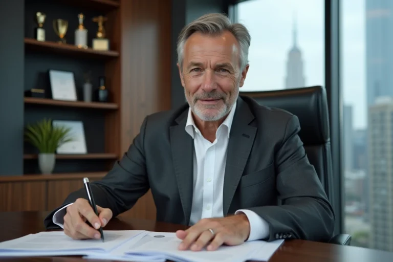 Homme d'affaires prospère examinant des documents financiers dans un bureau exécutif moderne avec vue sur la ville, illustrant la fortune d'un producteur de musique américain