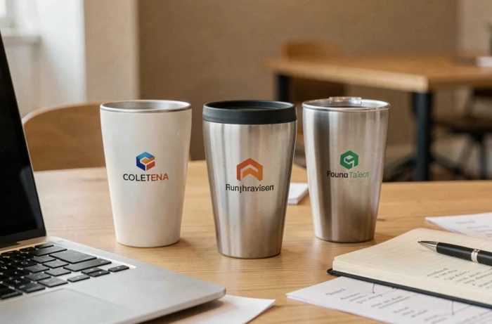 Gobelets personnalisés avec logos d'entreprises posés sur un bureau de coworking moderne