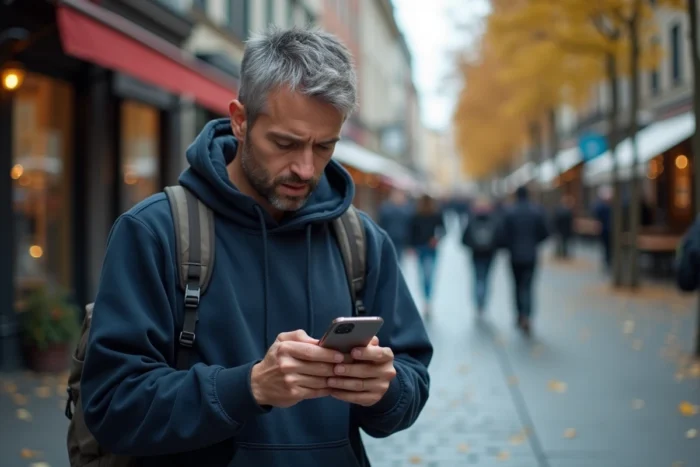 Homme consultant une carte GPS hors ligne sur smartphone en ville avec l'application Mappy
