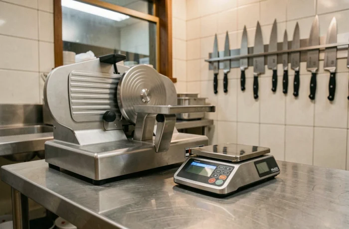 Équipements professionnels de cuisine en gros plan sur un plan de travail en inox dans un restaurant