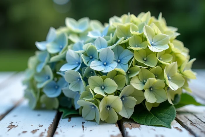 Gros plan sur des fleurs d'hortensia en train de verdir avec détail des pétales