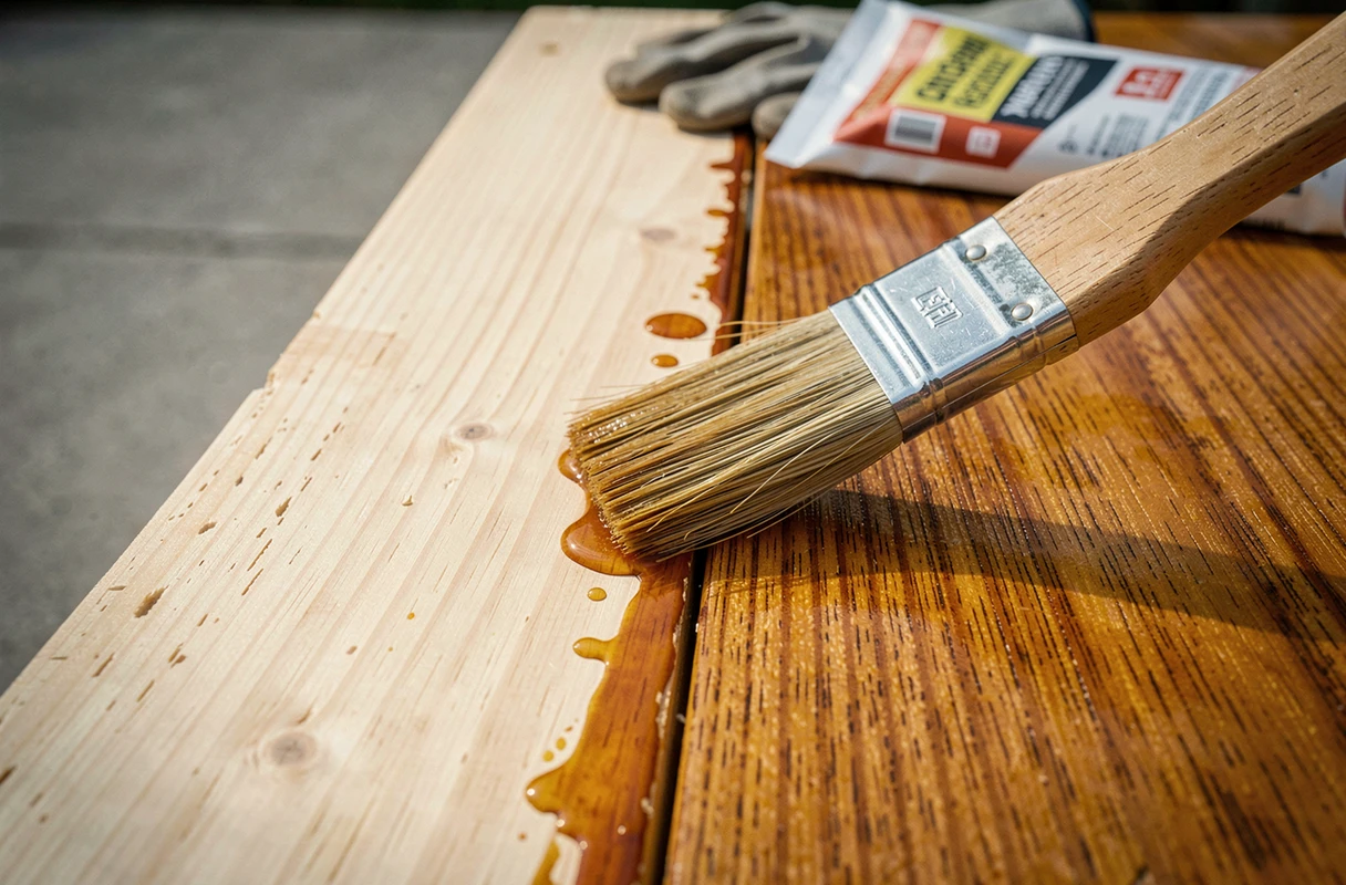 Gros plan sur une planche en bois à moitié lasurée en teinte teck avec un pinceau plat posé dessus, comparaison bois brut et bois traité