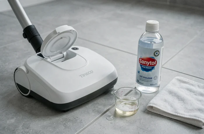 Gros plan sur le Tineco iFloor avec une bouteille de Sanytol sol mousse et une tasse doseuse posés sur un carrelage gris