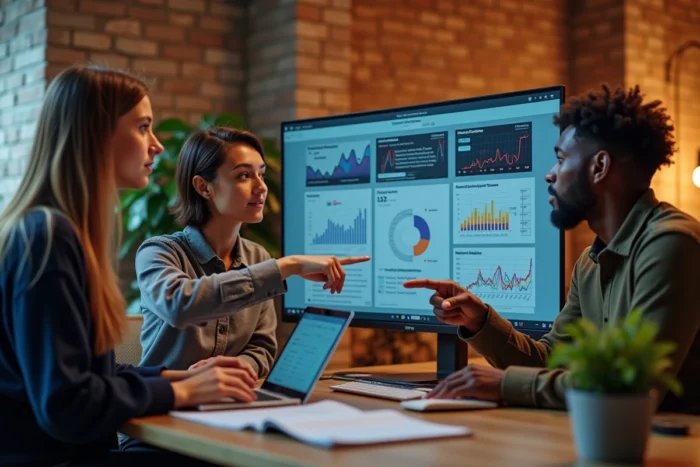Groupe de jeunes professionnels analysant ensemble un tableau de bord d'actualités en temps réel dans un espace de coworking