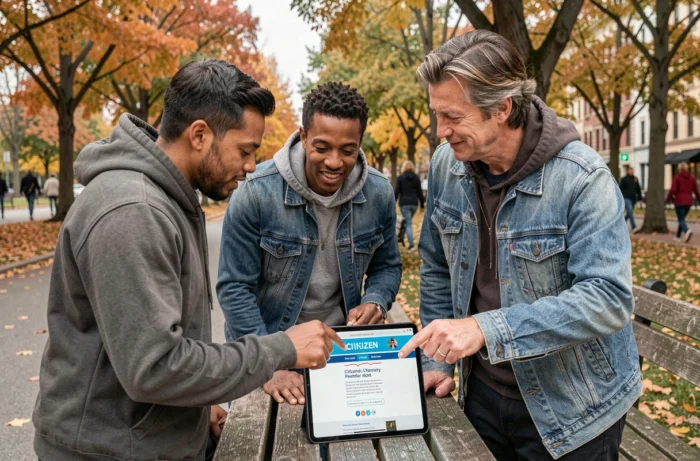 Groupe de citoyens consultant une pétition en ligne sur une tablette dans un parc urbain