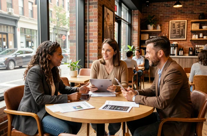 Groupe de personnes en débat animé autour d'articles d'actualité dans un café urbain moderne