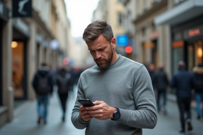 Homme consultant les actualités en temps réel sur smartphone dans une rue animée d'une ville européenne