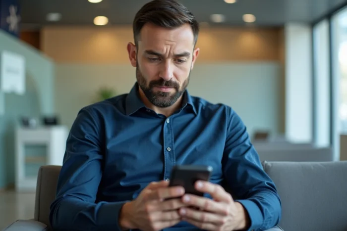 Homme utilisant une application mobile pour comparer des offres de crédit rapide dans une agence bancaire moderne