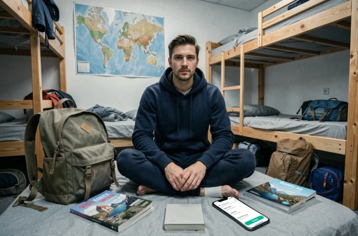 Jeune homme consultant l'application E-Nomad sur smartphone dans un dortoir d'auberge de jeunesse entouré de matériel de voyage pour débutants