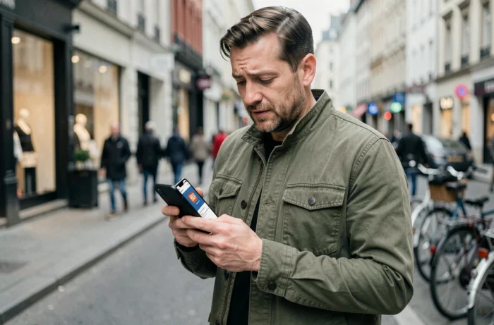 Homme dans la rue consultant l'application de petites annonces remise à jour sur son smartphone en ville