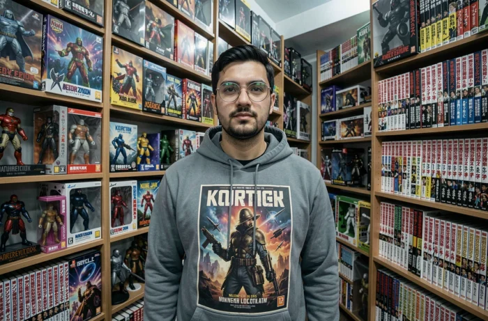Homme passionné de culture geek dans une boutique de figurines et jeux vidéo avec des étagères remplies de mangas et objets de collection