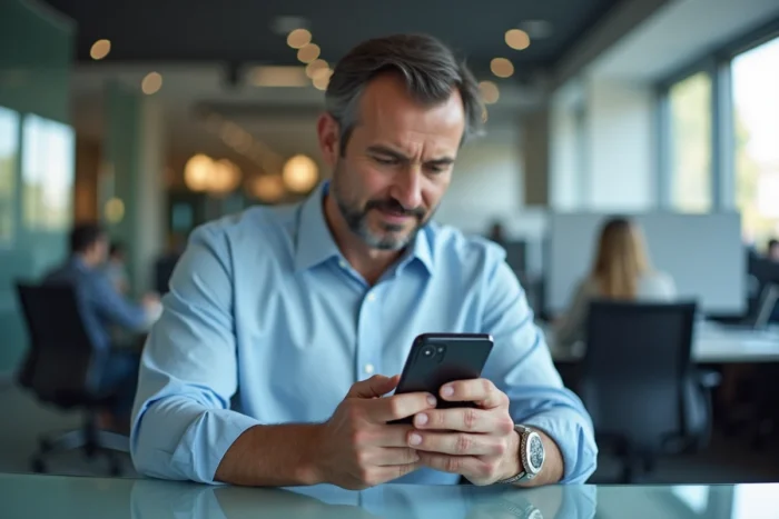 Homme consultant le classement mondial de Candy Crush sur son téléphone pendant une pause au bureau