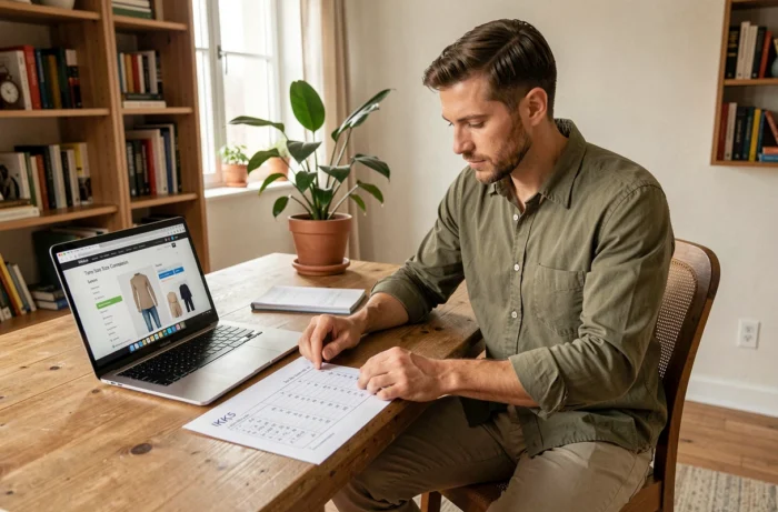 Homme comparant le guide des tailles IKKS sur papier et en ligne depuis son bureau