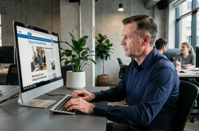 Homme consultant un site d'information en ligne dans un espace de coworking moderne