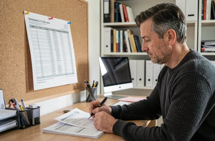 Homme remplissant une déclaration fiscale à son bureau à domicile pour calculer le quotient familial de sa famille