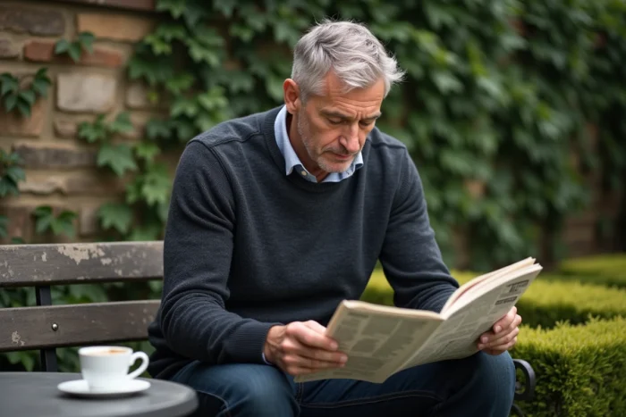 Homme posé et pensif lisant un journal sur un banc de jardin en pierre, ambiance paisible de vie privée un matin de week-end