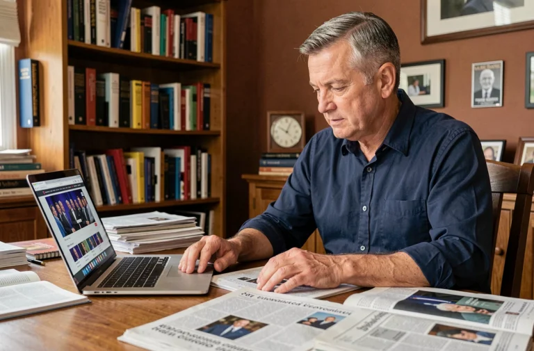 Homme lisant des articles de presse et consultant un site de débats publics dans un bureau intellectuel chargé de livres