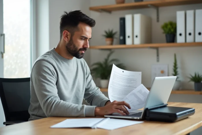 Homme numérisant des documents importants vers un coffre-fort numérique sécurisé depuis son bureau à domicile