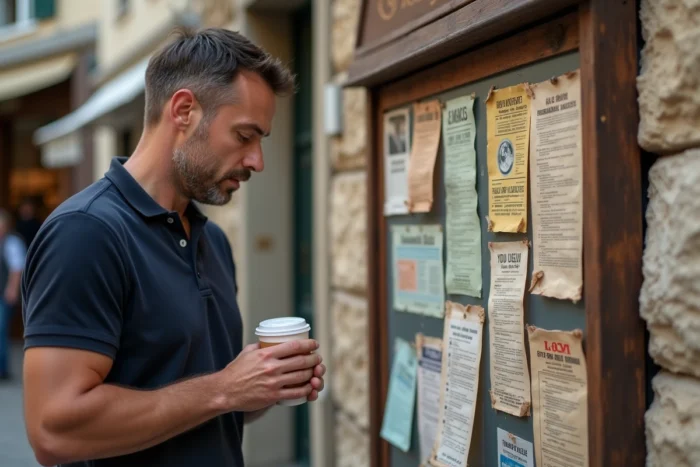 Homme lisant des petites annonces affichées sur un panneau communautaire dans une rue française
