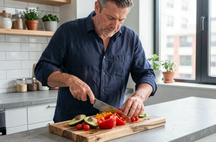 Homme préparant un repas sain et coloré dans une cuisine moderne pour adopter une alimentation équilibrée