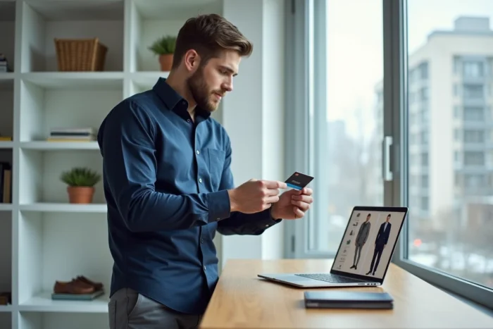 Homme comparant des articles de mode sur un ordinateur portable dans un bureau à domicile minimaliste, carte bancaire en main