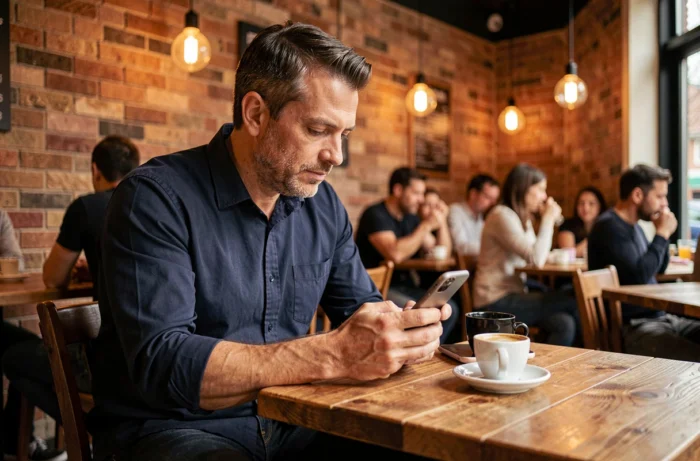 Homme consultant son smartphone dans un café urbain, représentant l'usage quotidien des nouveaux mobiles en 2024