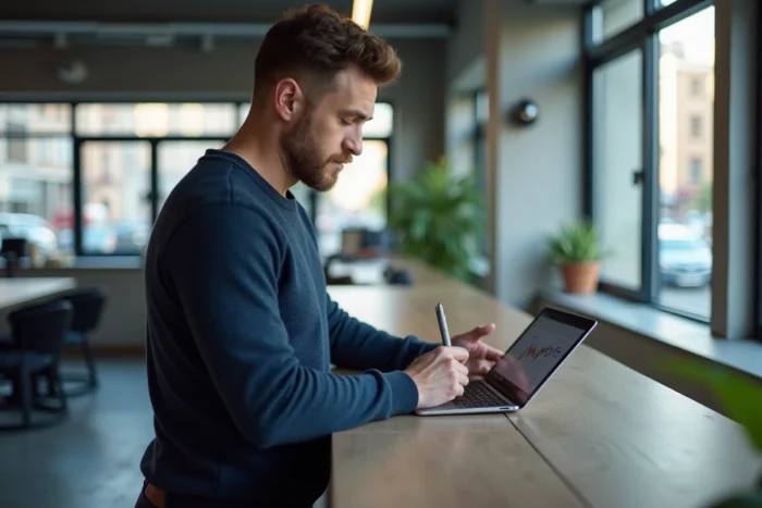 Homme consultant un site de finances personnelles sur une tablette dans un espace de coworking moderne