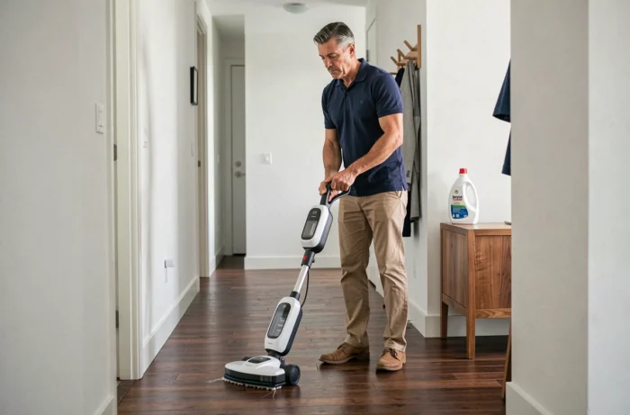 Homme utilisant un aspirateur laveur Tineco dans un couloir d'appartement avec du Sanytol sol mousse visible sur un meuble en bois