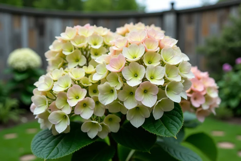 Hortensia aux fleurs devenant vertes dans un jardin résidentiel avec un mur en pierre