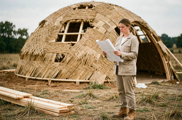 Architecte examinant les plans d'une kerterre avec des sections structurelles inachevées visibles, illustrant les défis techniques de construction