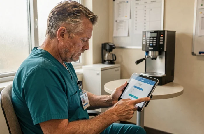 Infirmier hospitalier accédant au portail agent CHU depuis une tablette dans la salle de pause