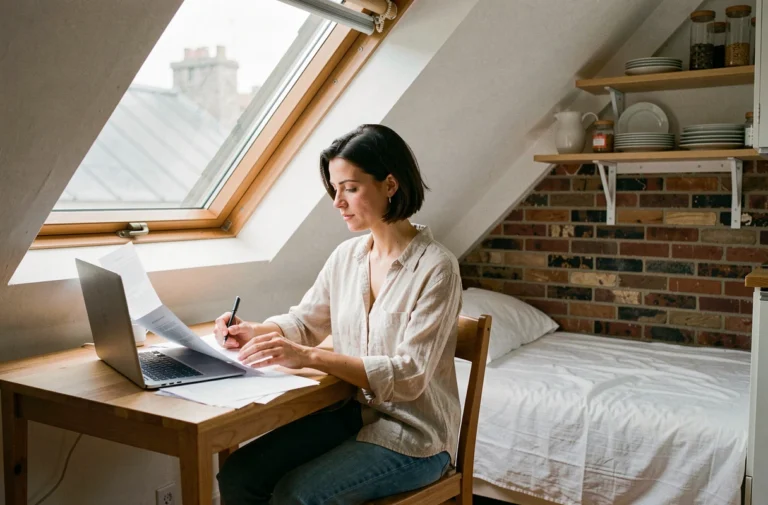 Intérieur d'une chambre de bonne parisienne avec bureau, skylight et kitchenette, illustrant la location à Paris en 2024