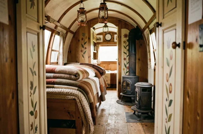 Intérieur chaleureux et artisanal d'une roulotte traditionnelle française avec poêle en fonte et literie en laine