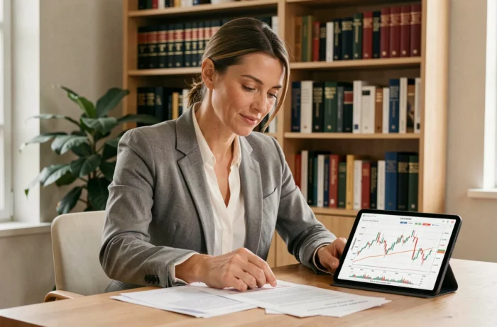 Investisseuse analysant les performances de l'indice boursier européen sur une tablette avec des rapports financiers imprimés