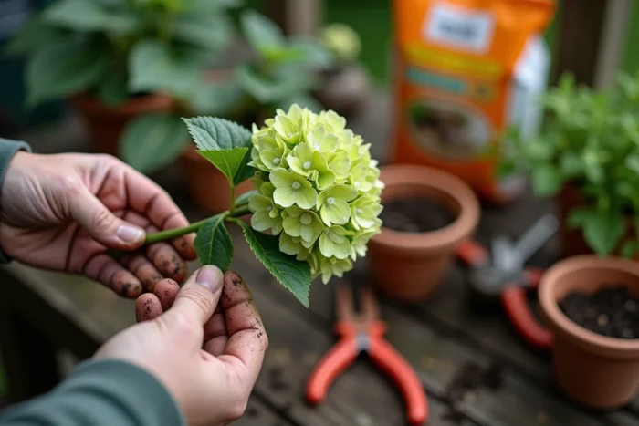 Jardinier tenant une tige d'hortensia avec une fleur qui verdit au-dessus d'un établi de jardinage