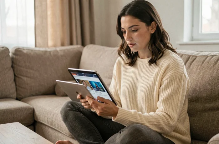 Jeune femme parcourant un portail d'actualités sur une tablette dans un salon cosy