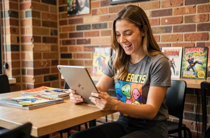 Jeune femme passionnée de pop culture consultant une tablette dans un café urbain entouré de magazines geek et de bandes dessinées