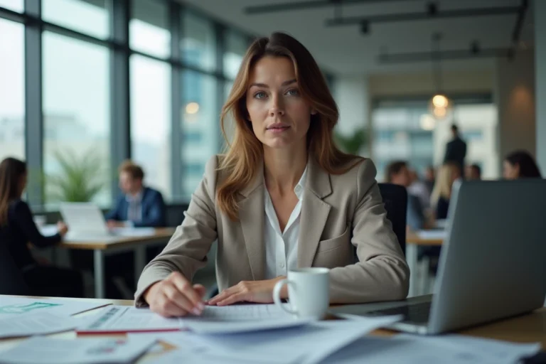 Journaliste femme concentrée dans une salle de rédaction moderne consultant les dernières actualités en temps réel